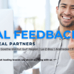 Testimonials: Real feedback from clients of Omnireach Digital including Emirates NBD, La-Z-Boy, Goethe-Institut, and more. Smiling support agent gives a thumbs-up with a satisfaction guarantee badge in the background.
