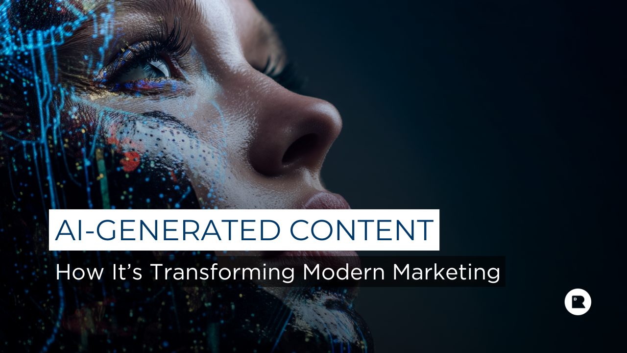 AI-generated content solutions visual showing artificial intelligence creating digital content for modern marketing, branding, and scalable campaigns.