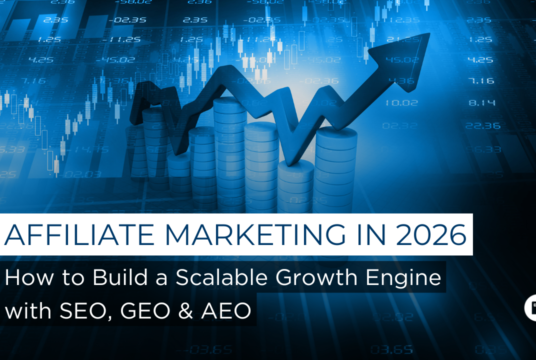 Affiliate marketing strategy illustration showing digital partnerships, performance tracking, and revenue growth through referral-based marketing.