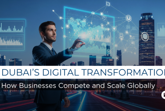 Digital transformation in Dubai concept showing advanced technology, data-driven strategy, and business innovation in a global digital hub.
