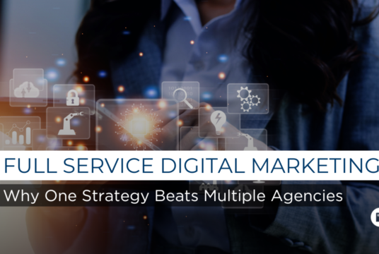 Full service digital agency concept showing integrated digital marketing, strategy, technology, and performance-driven solutions working together.