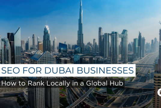 SEO strategy for Dubai businesses showing local search optimisation, improved rankings, and increased visibility in a global business hub.