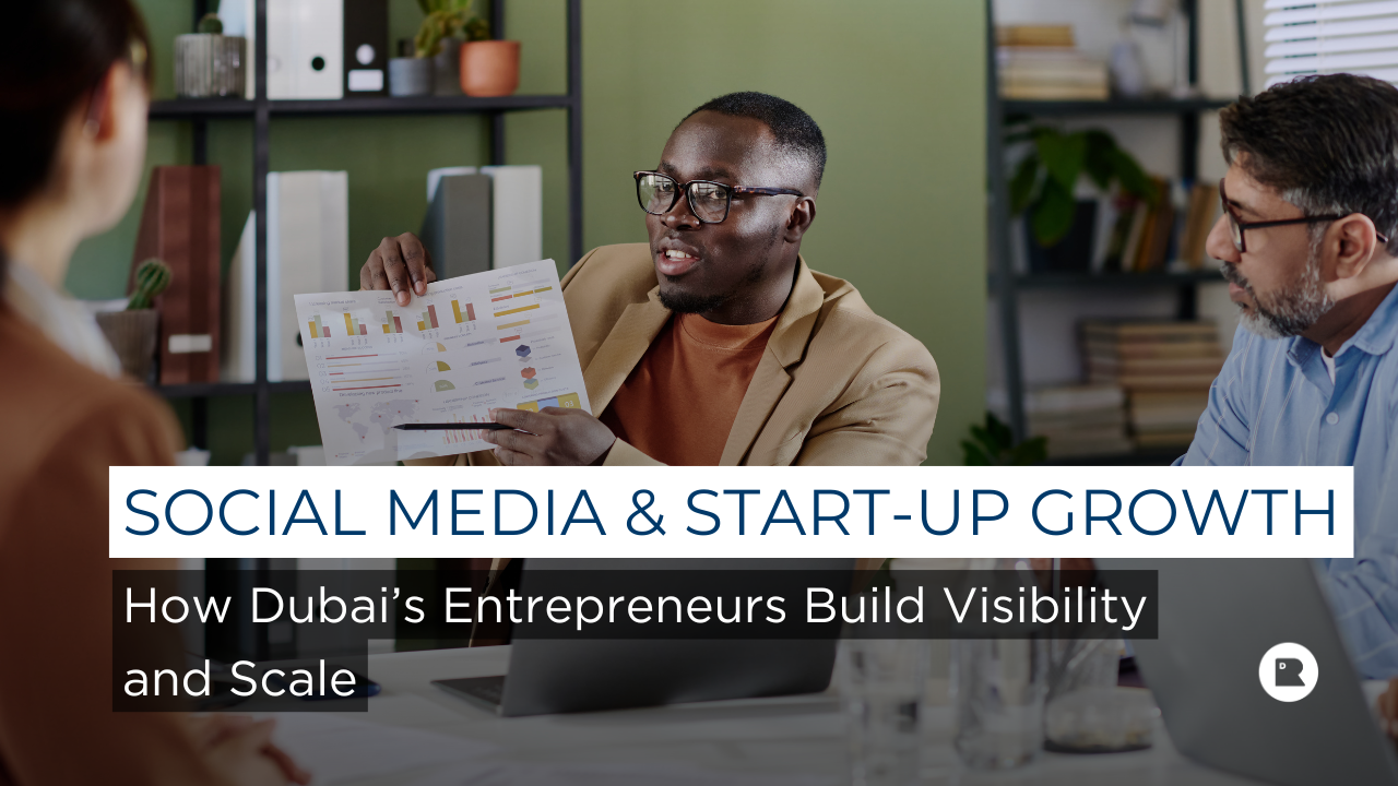 Social media and start-up growth concept showing an entrepreneur analysing performance data and building brand visibility through digital channels.